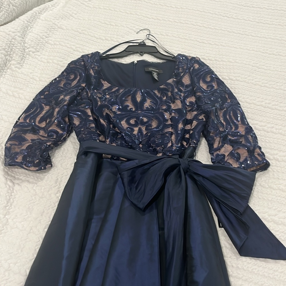 dress Top: Taupe w/ navy lace + sequins, bottom is navy satin size 12